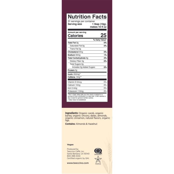 Teeccino Snickerdoodle 11oz bag nutritional information