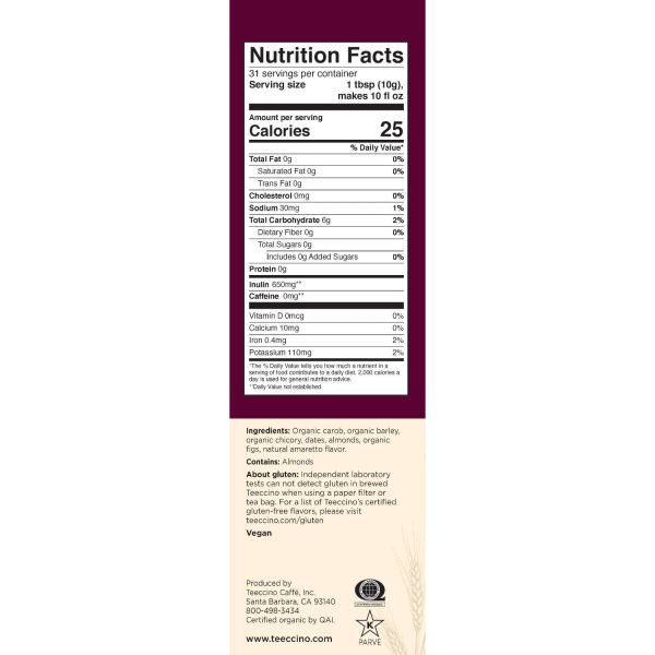 Teeccino Almond Amaretto 11oz bag Nutritional information